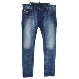 Diesel Thavar Jogg Jeans Sweatpant Blue Tapered Fit Black Leather Accents